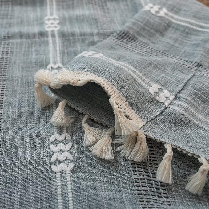 Boho Curtains for Bedroom Embroidery Striped Farmhouse Linen Curtains 63 Inch - Image 7