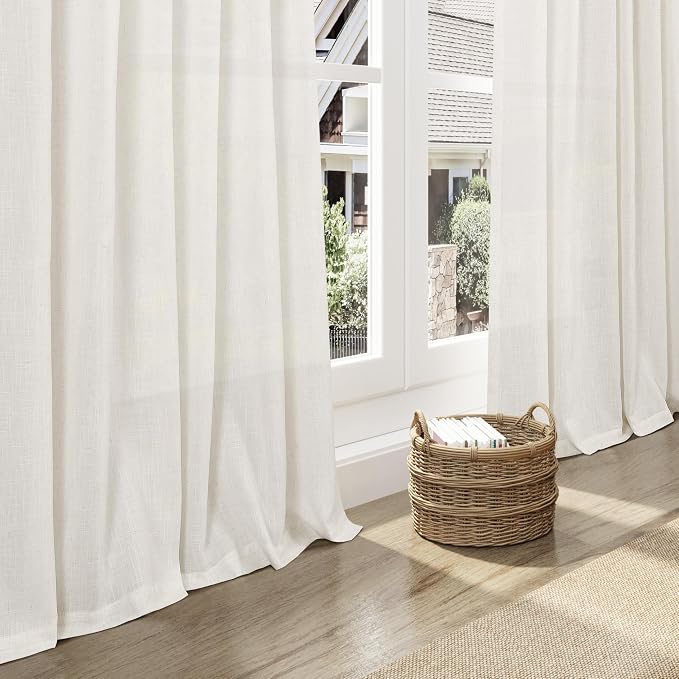 Beige White Kitchen Cafe Sheer Curtains 54 Inch Long 2 Panel Back Tab Linen - Image 6