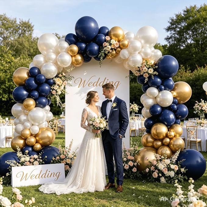 Navy Blue Gold Balloons Arch Kit, Double Stuffed Pearl White Blue Gold Chrome - Image 6