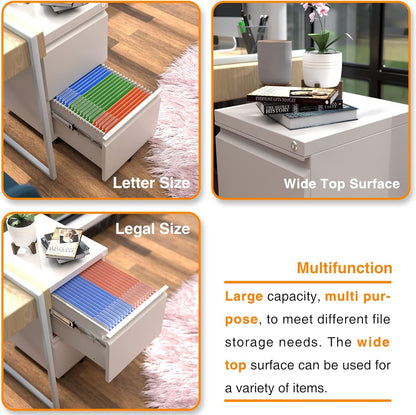 Aobabo Metal 2 Drawer Office File Cabinet with Lock, Under Desk Office Steel Files Cabinet on Wheels, 25.6''H Legal/Letter A4 Size, Fully Assembled Except Wheels,White