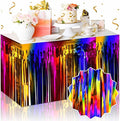 3 Pack Rainbow Foil Fringe Table Skirts Metallic Tinsel Streamers Garland Banner Backdrop for Table Decor, Parade Float, Birthday, Wedding, Halloween, Christmas Party Decorations(29x108 In)