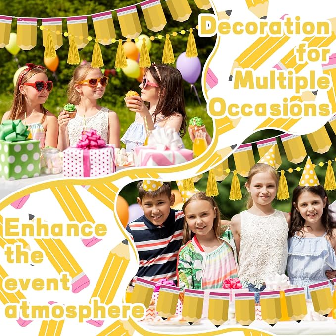 4 Pcs 30 Ft Back to School Banners Decorations Yellow Pencil Tassel Pom Pom - Image 6
