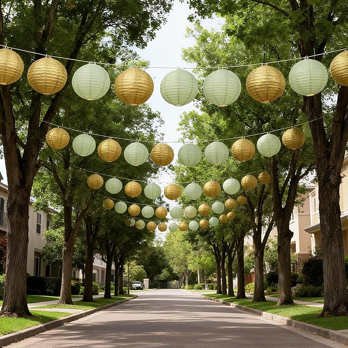 20Pcs Paper Lanterns Decorative, Sage Green and Gold 6"8"10" - Image 7