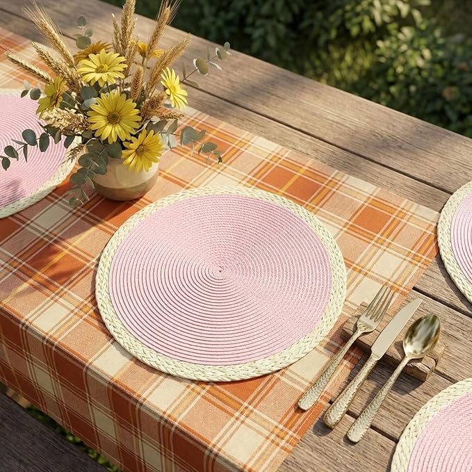 Round Placemats Set of 8, Woven Table Mats, Mint Pink | Braided Paper Edge - Image 4