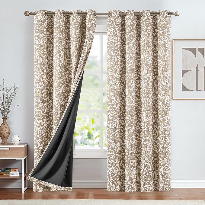 Taupe Floral 100% Blackout Curtains 84 Inch Vintage Grommet 2 Panels | Room - Image 2