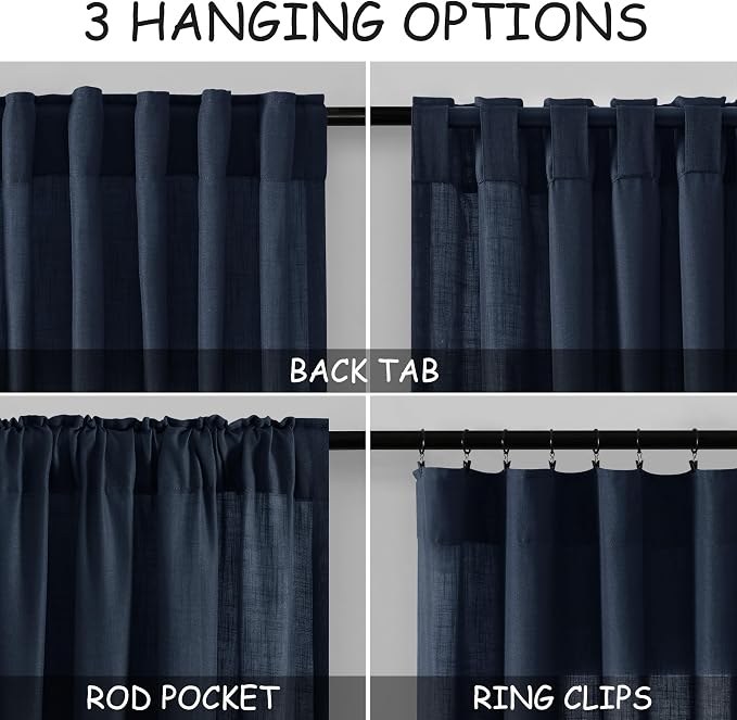 Navy Blue Linen Curtains for Living Room 2 Panels Set Extra Long Back Tab Light - Image 3