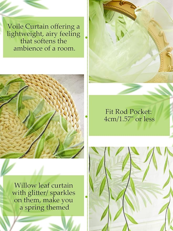 Willow Voile Curtains Cute Green Sheers Leaf Tulle Vine Window Sheers Ivy - Image 3