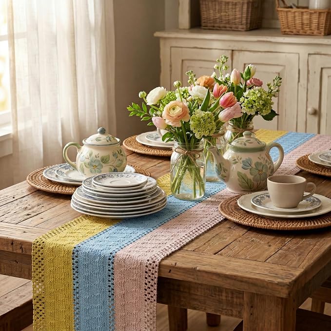 Artoid Mode Yellow Blue Pink Farmhouse Rustic Table Runner 12x72 Inch | Holiday - Image 4