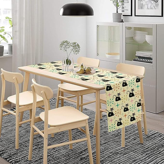 Mid Cat Table Runner, Vintage Black Cat and Atomic Stars 1950s 1960s Abstract Geometric Space Pattern Table Decoration for Home Kitchen Restaurant 13x36 Inches