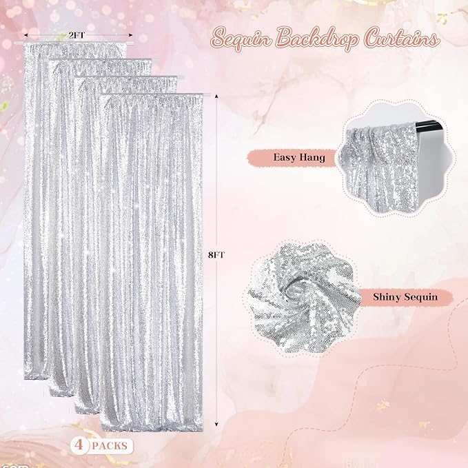 PartyDelight Silver Sequin Backdrop Curtains 2x8ft 4 Panels | Sparkly 3mm - Image 2