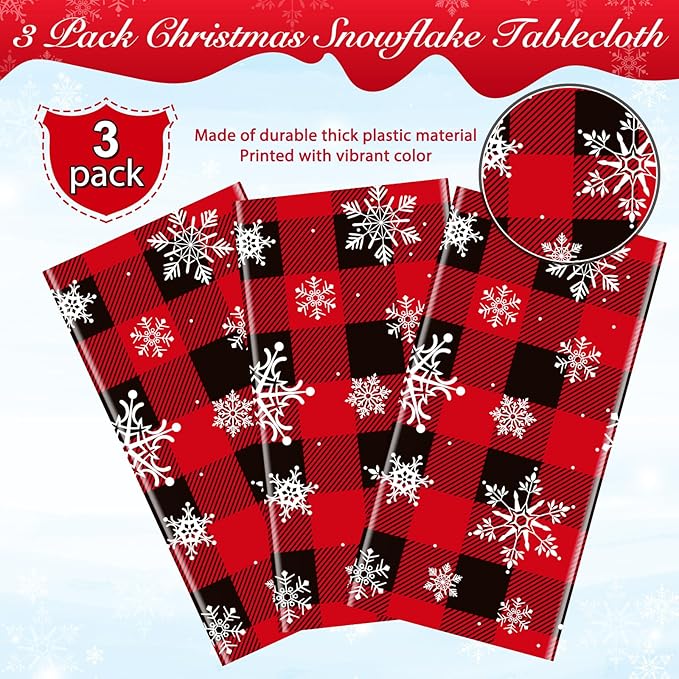 3 Pieces Red and Black Buffalo Plaid Merry Christmas Party Tablecloth Decorations,Plastic White Snowflake Buffalo Plaid Sign Table Cover for Winter Christmas Holiday Party Supplies,54x108 inch