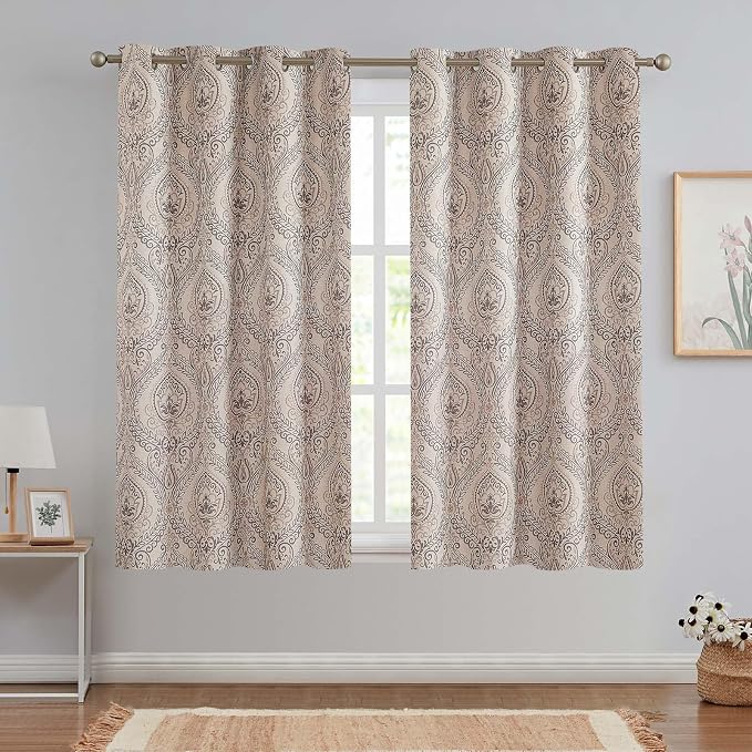 Grey Paisley Linen Textured Curtains 63 in Vintage Grommet 2 Panels | Room - Image 2