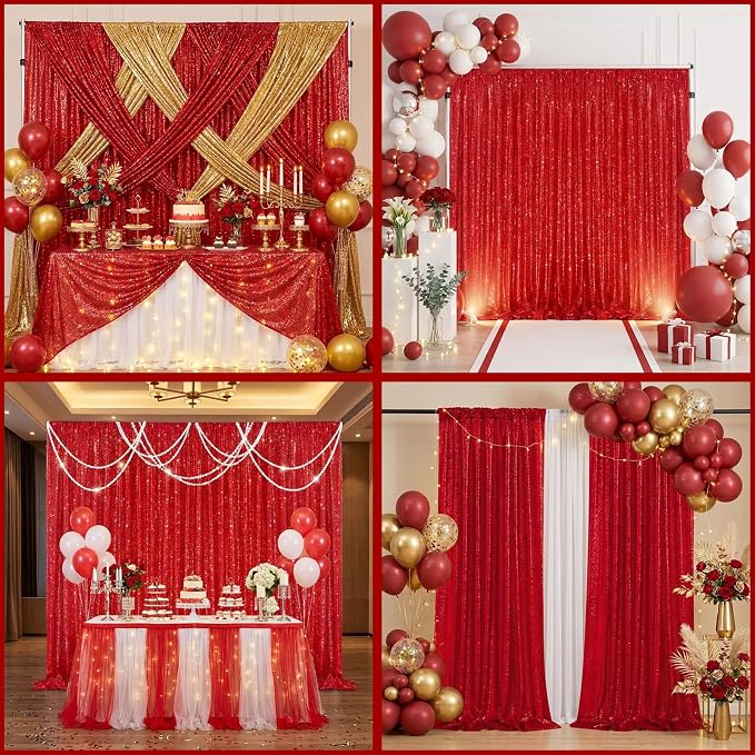 Red Sequin Curtains Backdrop 6 Pcs 2FTx8FT Shiny Shimmer Fabric | Glitter - Image 2