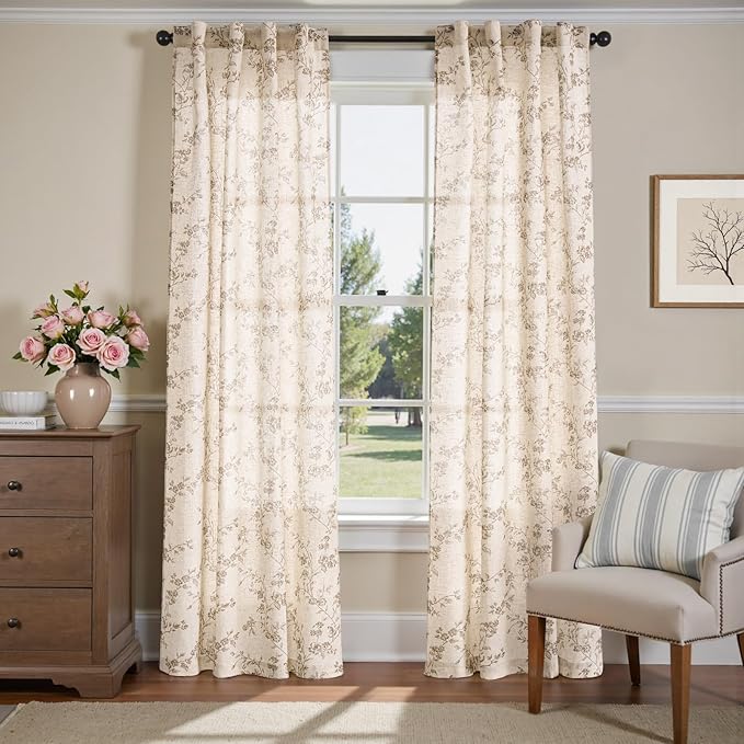 jinchan Taupe Floral Linen Curtains 90 Inch Farmhouse Back Tab 2 Panels | Taupe - Image 2