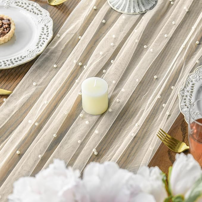Artoid Mode 3PCS Pearl Beige Gauze Table Runner 120 Inch 10FT, Seasonal Sheer - Image 4