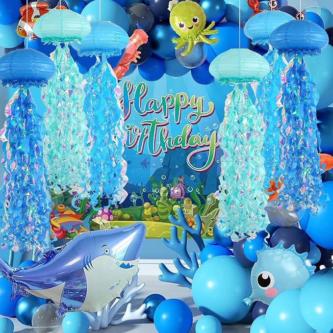 10-Inch Jellyfish Paper Lanterns, Under the Sea Party Decorations | 6-Pack Blue - Image 5