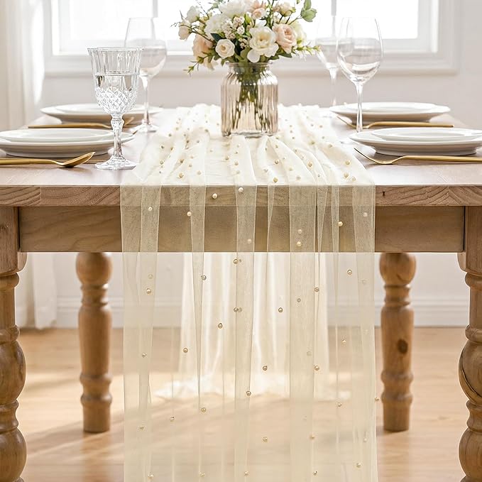 Artoid Mode 3PCS Pearl Champine Gauze Table Runner 120 Inch 10FT, Seasonal - Image 2