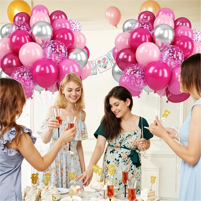 Paready Pink Balloons Set, 12 Inch Confetti Balloon Metallic Silver Party - Image 7