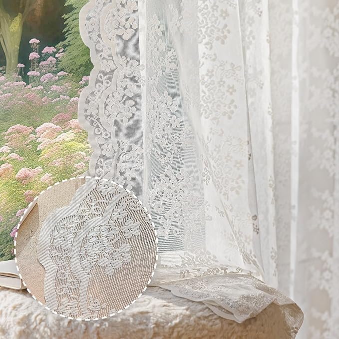 Anmao Vintage White Lace Curtains 96 Inches Long 2 Panels Set, Romantic Elegant by Anmao