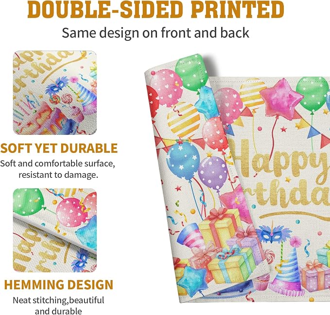 Happy Birthday Placemats Set of 4 Colorful Balloons Confetti Cake Linen Table - Image 5