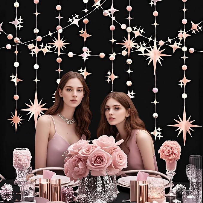 Glitter Rose Gold Star Circle Dot Garland 30 Feet Twinkle Rose Gold Star Circle - Image 6