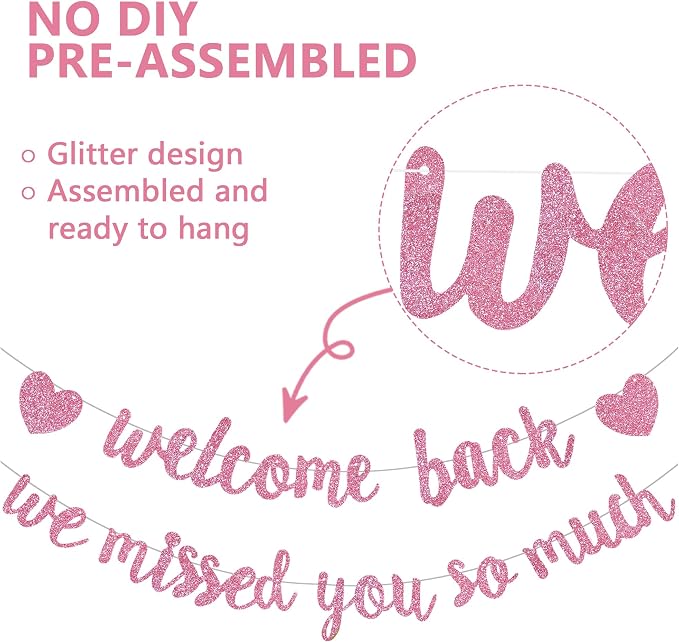 Glitter Pink Welcome Back We Missed You So Much Banner NO DIY | Pre-Strung - Image 2