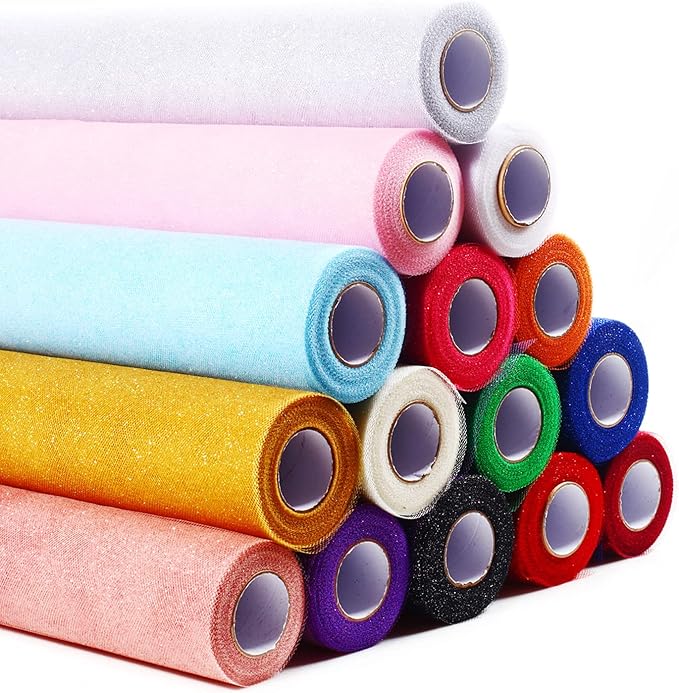 Sparkling Tulle Rolls, 15” by 30 Yards (90FT) Glitter Tulle Spool Ribbon Fabric for Wedding Birthday Bridal Shower Tutu Skirt Party Gift Wrapping (Gold)
