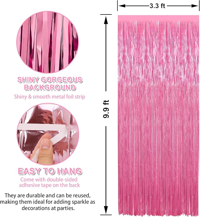 Crosize 2 Pack Pink Party Streamers Backdrop, 3.3 x 9.9 ft | Tinsel Foil Fringe - Image 2