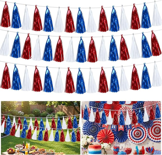 Morofme Red White Blue Foil Fringe Garland 45pcs Patriotic Tassel Banner 4th of by Morofme