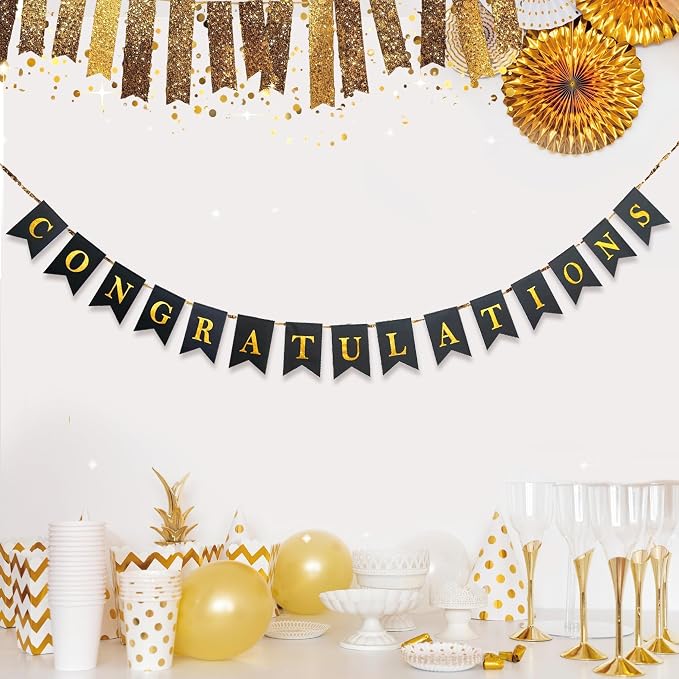 Decor365 Gold Black Congratulations Banner Pre Strung Sign Pennant Flag Garland - Image 6
