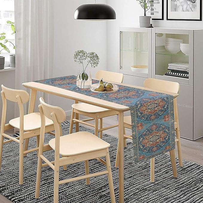 Boho Floral Vintage Table Runner, Retro Abstract Blue Flower Rustic Country Farmhouse Pattern for Home Kitchen Table Decor Dining Coffee Room Party Decor 13x90in