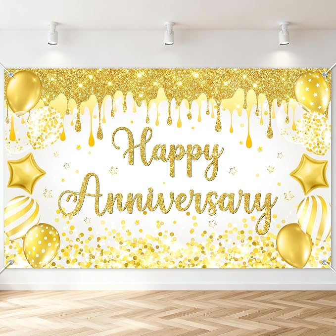 Mocsicka Happy Anniversary Banner White Gold Happy Anniversary Party by Mocsicka