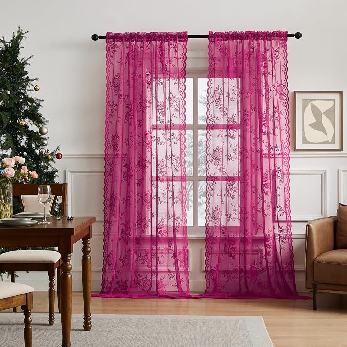 108 Inch Raspberry Lace Curtains Rod Pocket Large 3D Floral Embroidery Semi by SEEKRIGHTHomeDecor