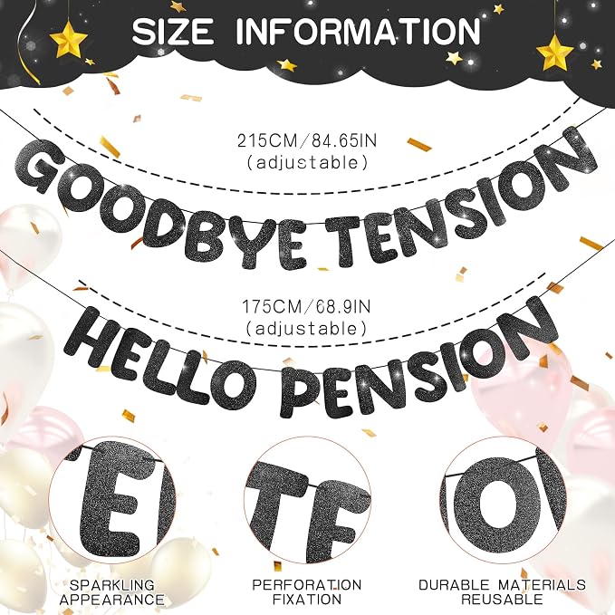 Retirement Banner Pre-Strung GOODBYE TENSION HELLO PENSION Banner Glitter - Image 2
