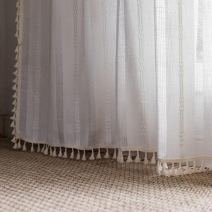 Boho Curtains for Bedroom Embroidery Striped Farmhouse 84 Inches Long 2 Pannels - Image 6