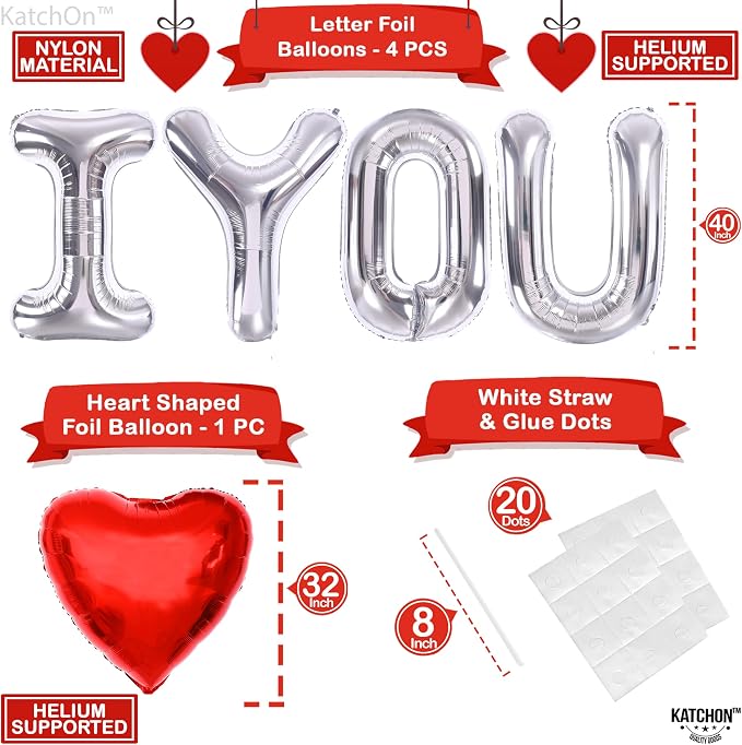 KatchOn Silver I Love You Balloons 40 Inch, Valentines Day Decorations | Foil - Image 2