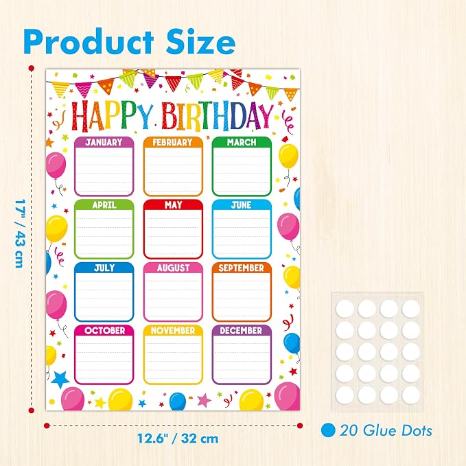 Classroom Birthday Chart With 20 Glue Dots, Colorful Balloon Birthday Poster - Image 2