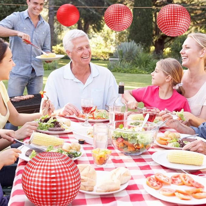 Blulu 6 Pcs Red Gingham Picnic Party Decorations Kit 12 Inch Checkered Round - Image 5