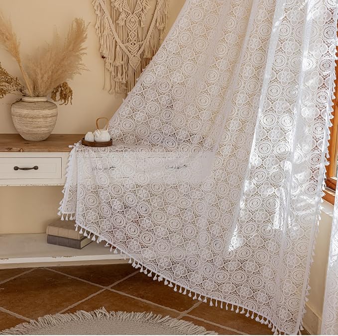 YJ YANJUN Boho Lace Curtains 72 inch, 2 Panels, Crochet Drapes by YJYANJUN