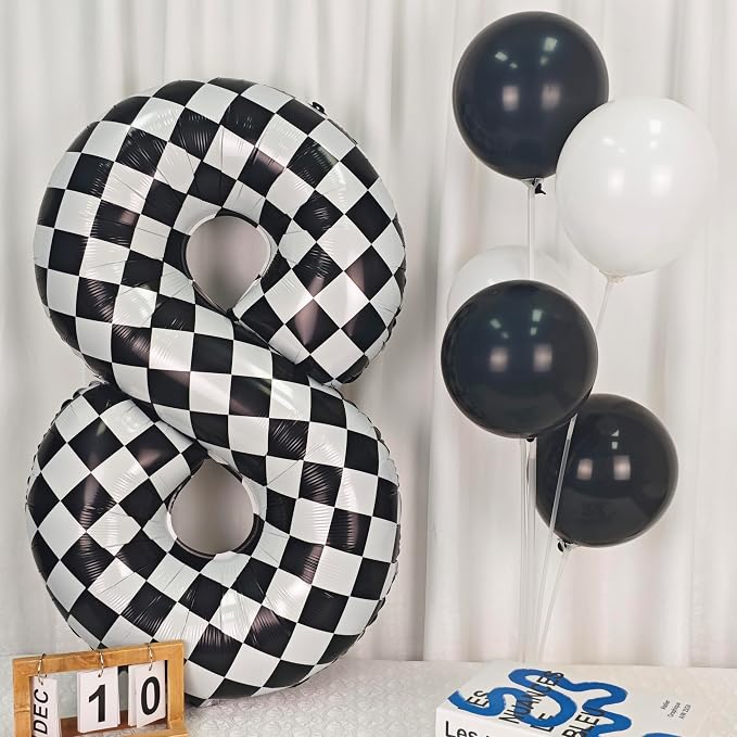 40In Black White Checkered Number 8 Balloon Race Car Digital Foil 8 Balloon | - Image 4