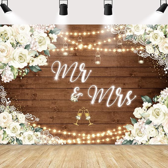 MEHOFOND 10x7ft White Floral Mr & Mrs Engagement Decorations Backdrop Couples by MEHOFOND