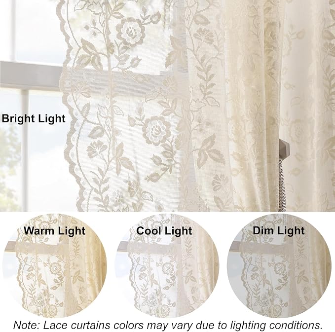 FINECITY Beige Lace Curtains Rustic Leaf Floral 42 x 84 Inch, 2 Panels | Rod - Image 5
