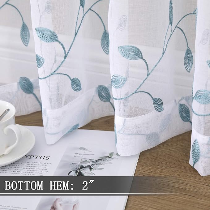 Tollpiz Leaves Short Sheer Curtains Teal Blue Leaf Embroidery Living Room - Image 4