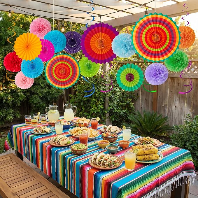 35PCS Fiesta Paper Fan Party Decorations Set | Cinco De Mayo Pom Poms, - Image 7