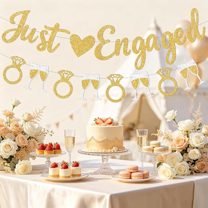 Gold Just Engaged Banner Prestrung Engagement Party Decorations Happy - Image 5