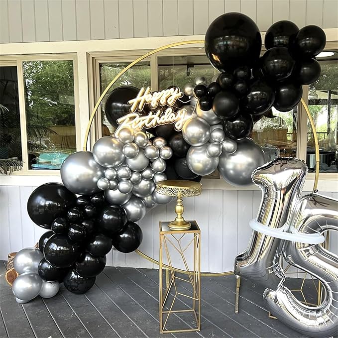 Black and Silver Balloons, 12 Inch Metallic Chrome Black Silver Confetti Latex - Image 8