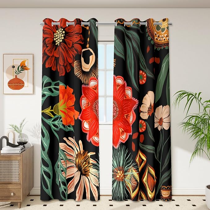 Tyrot Black Boho Floral 100% Blackout Curtains - Image 2