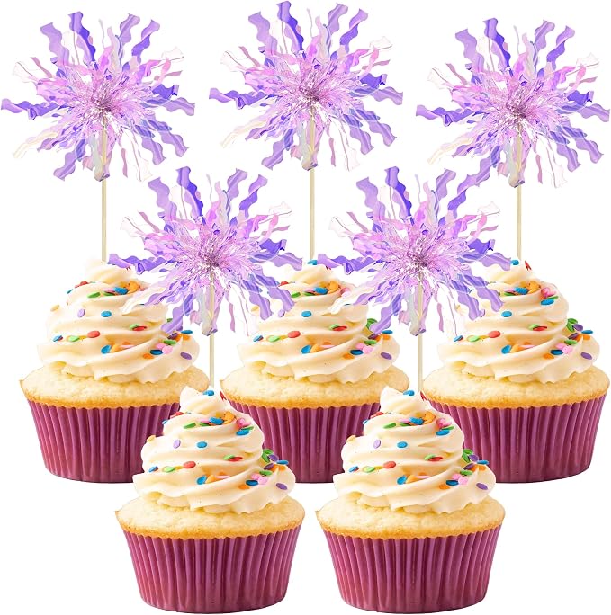 Gyufise 30Pcs Foil Firework Cupcake Toppers Happy Birthday Cake Toppers Tinsel by Gyufise