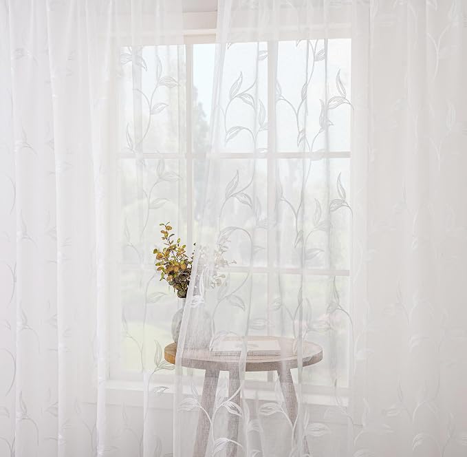 White Sheer Curtains Boho Leaf Floral Embroidered 54Wx96L | Light Filtering - Image 6