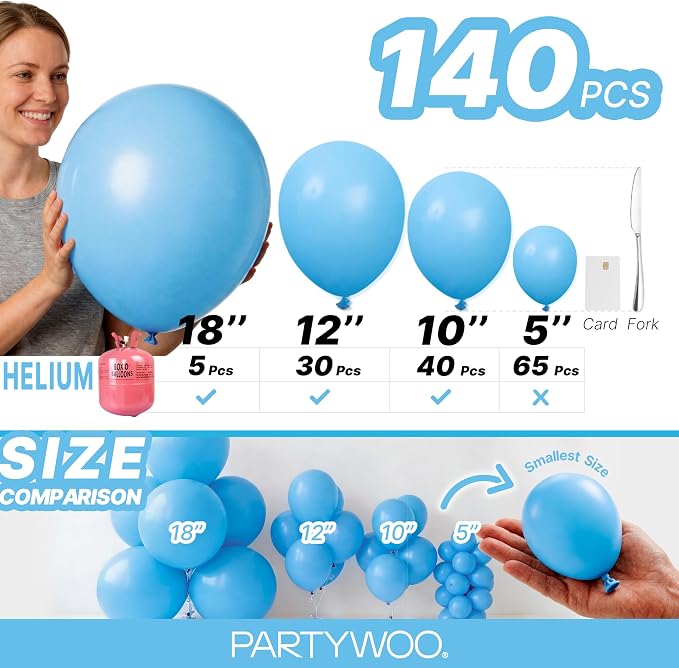 PartyWoo Light Blue Balloons 140pcs Different Sizes Pack of 18 12 10 5 Inch - Image 6